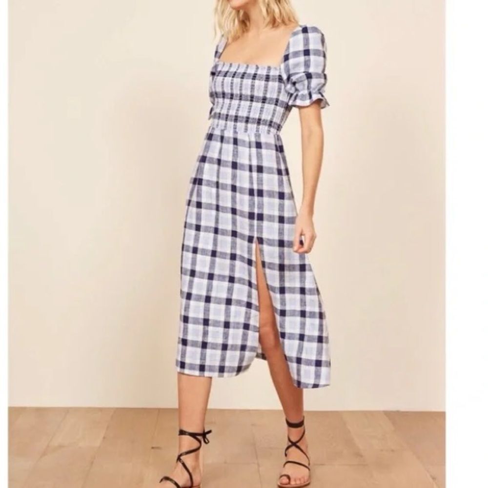 Reformation Blue Plaid Marabella Linen Midi Dress Medium
